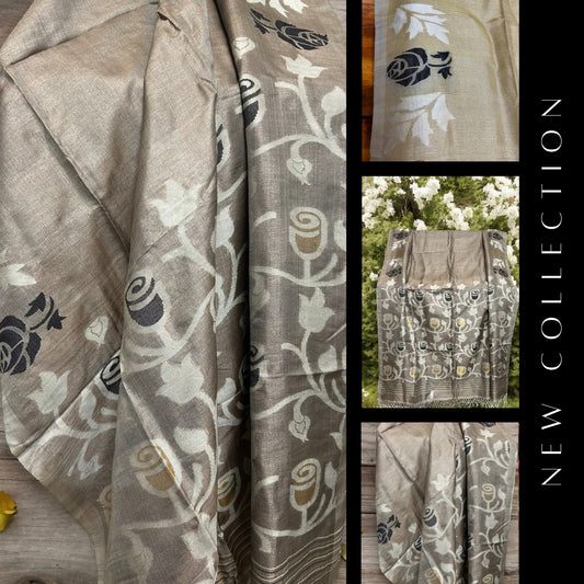 Pure Tussar silk Jamdani Rose - Grey