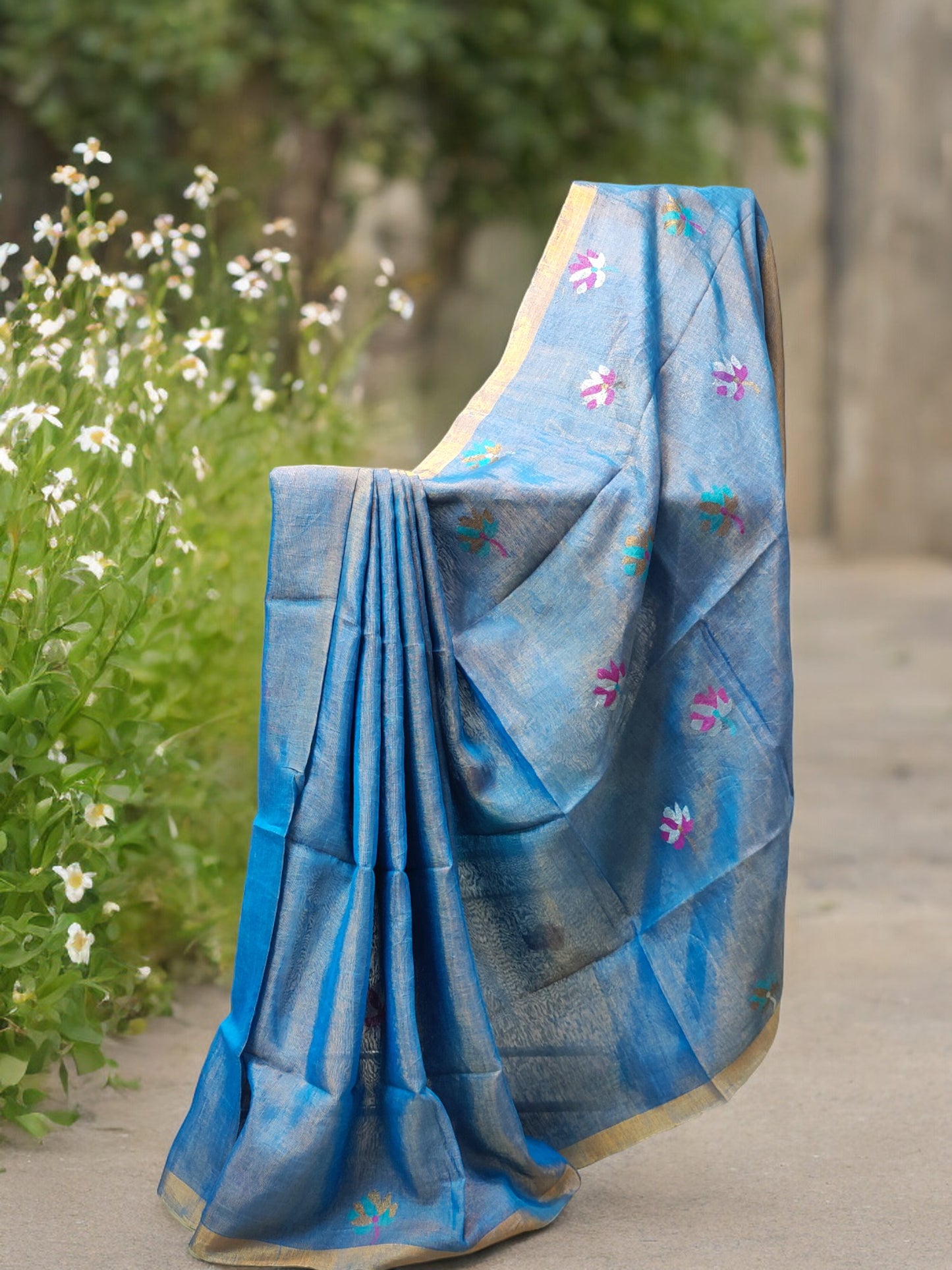 Tissue Linen Saree - Blue
