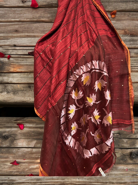 Pure Matka Silk Jamdani Saree - Maroon