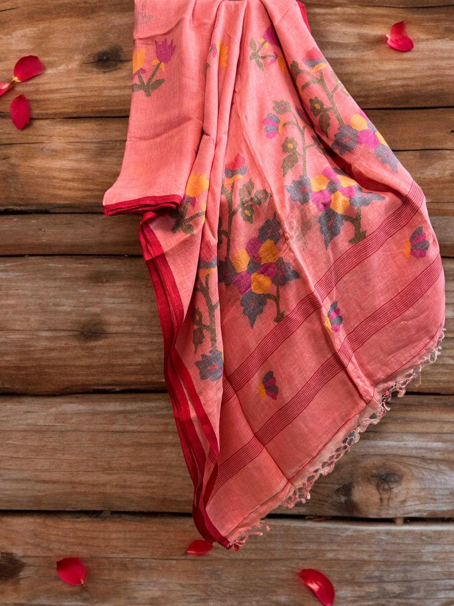 Premium Linen Jamdani Saree - Pink
