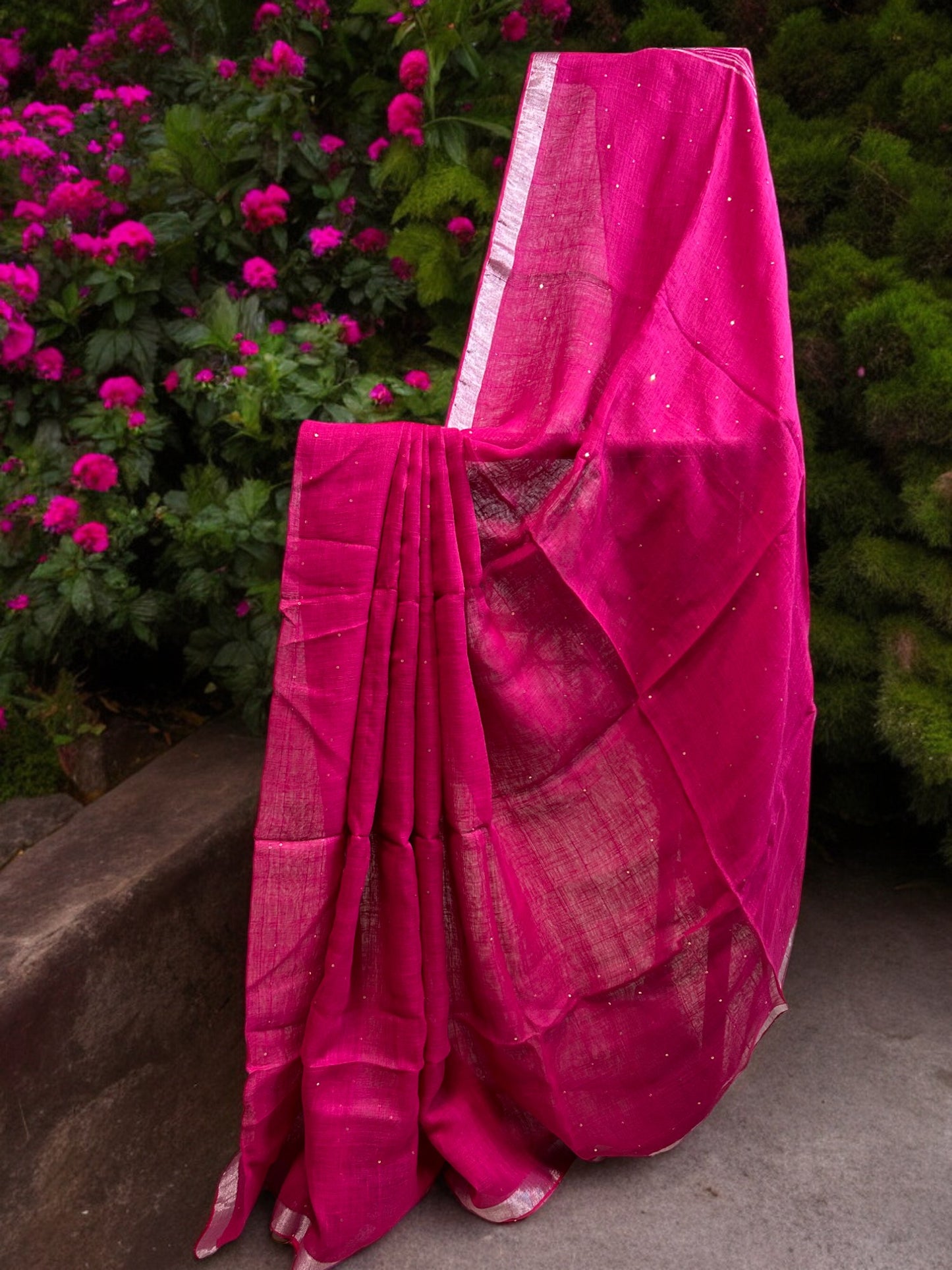 Sequin Linen Saree - Rani Pink