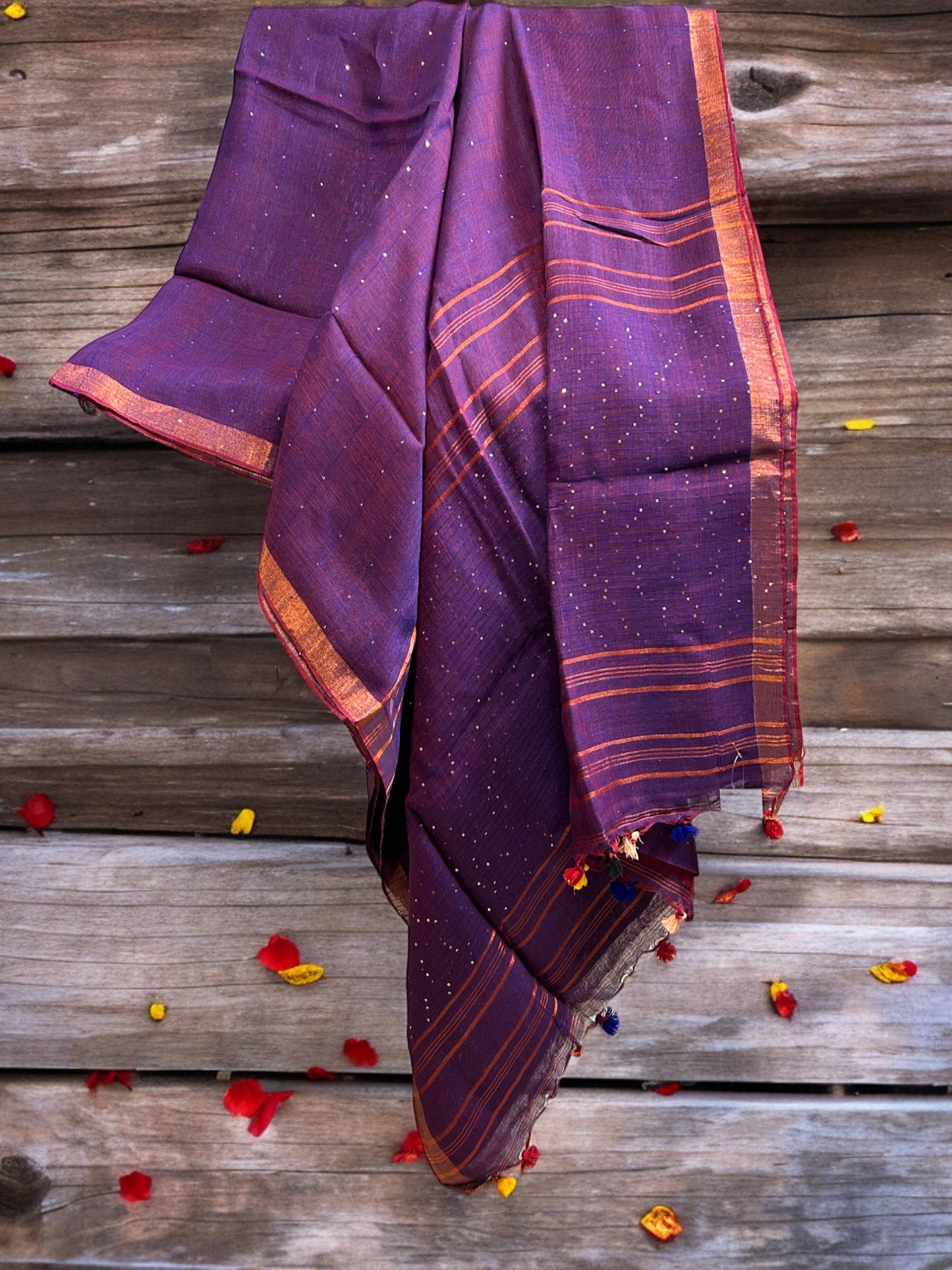 Sequin Linen Saree - Purple