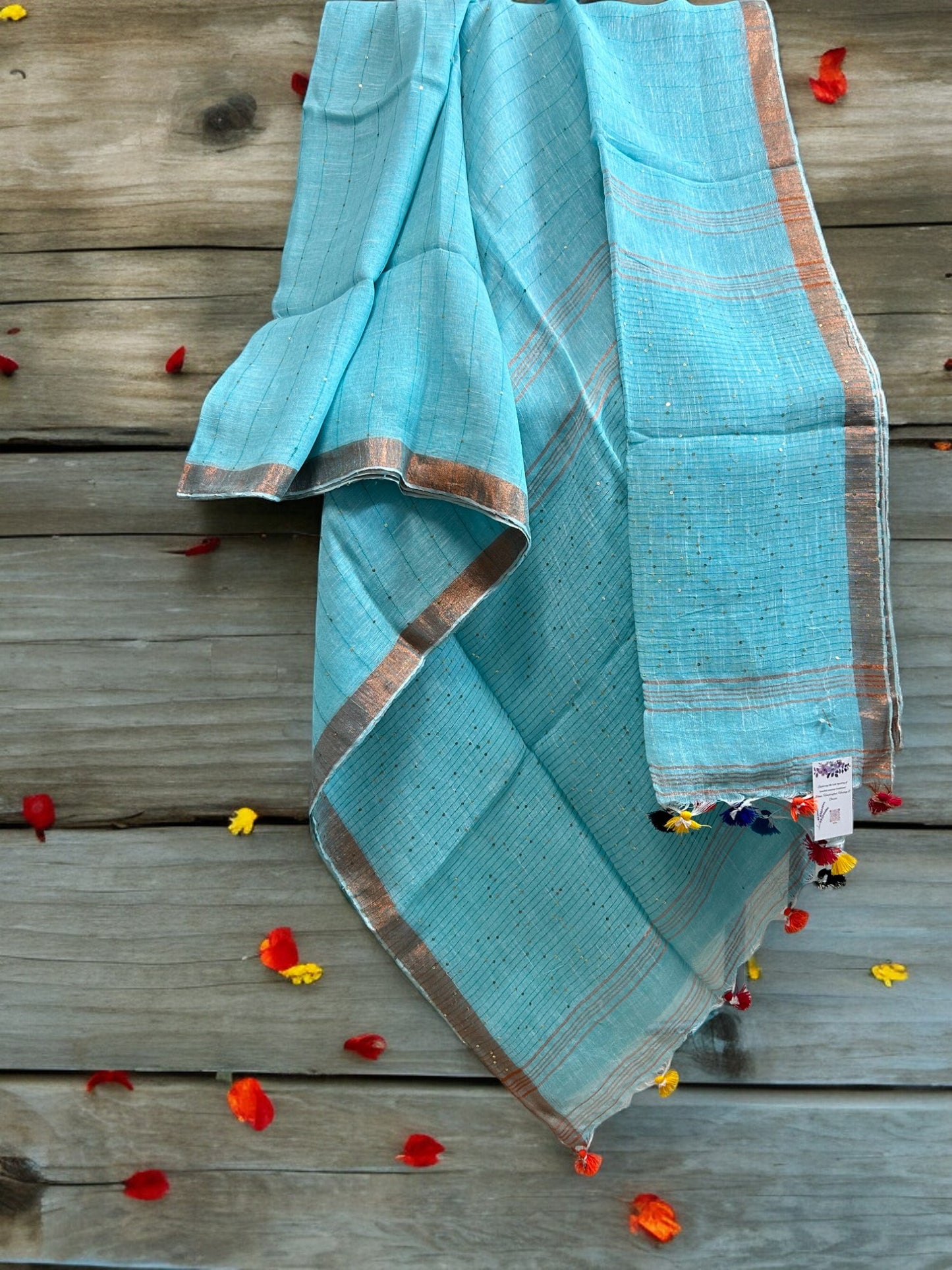 Sequin Linen Saree - Sky Blue