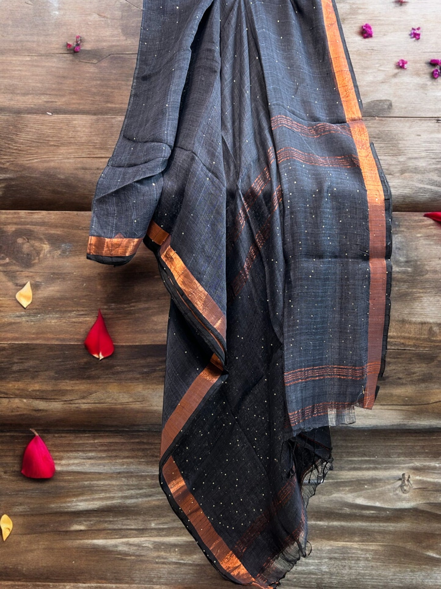 Sequin Linen Saree - Black