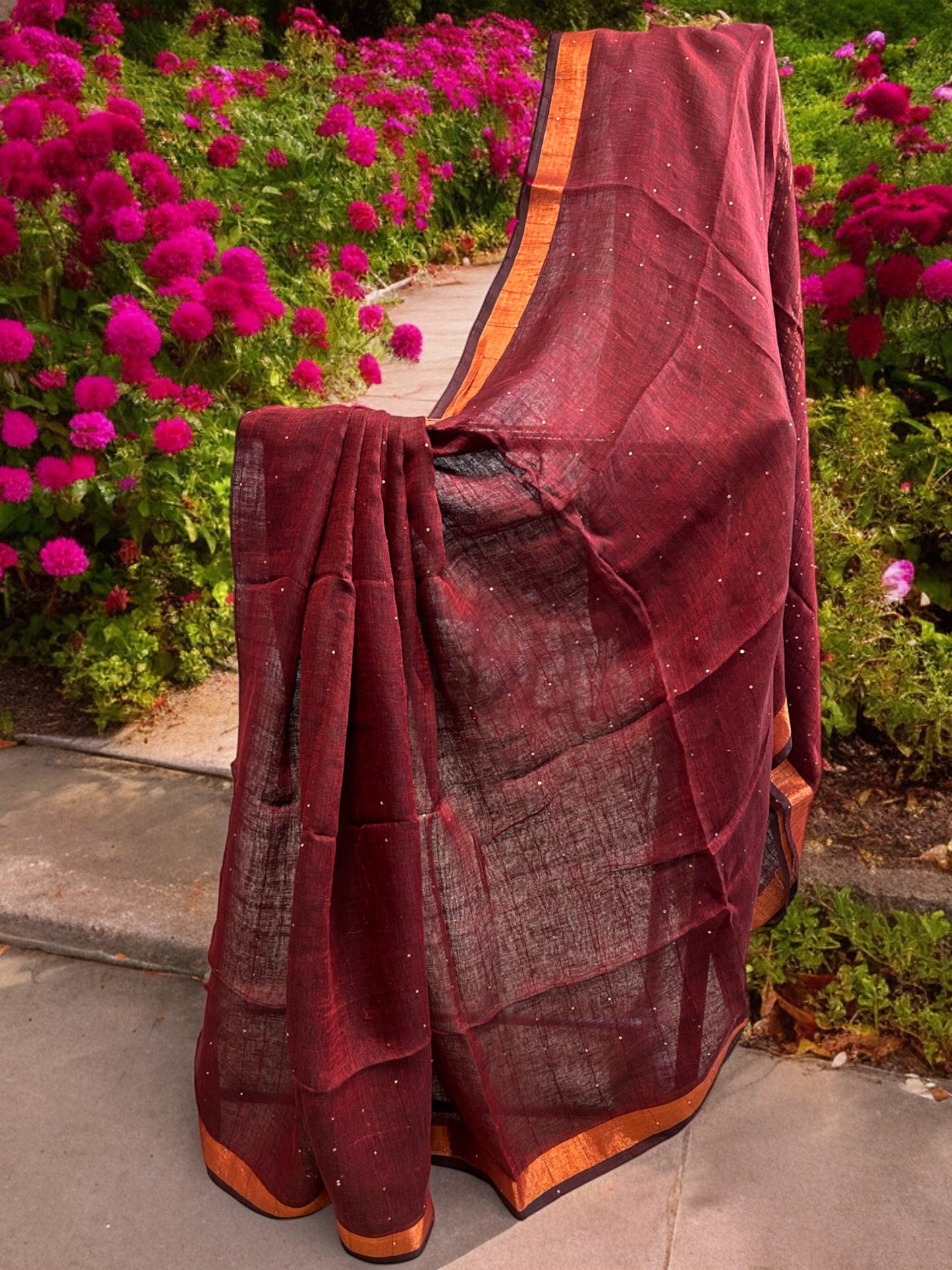 Sequin Linen Saree - Maroon