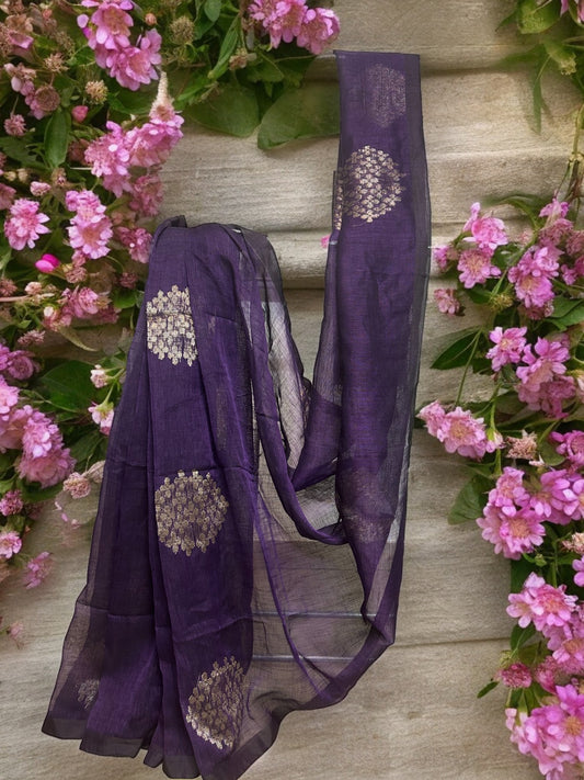 Pure Linen Jamdani Saree - Dark Violet