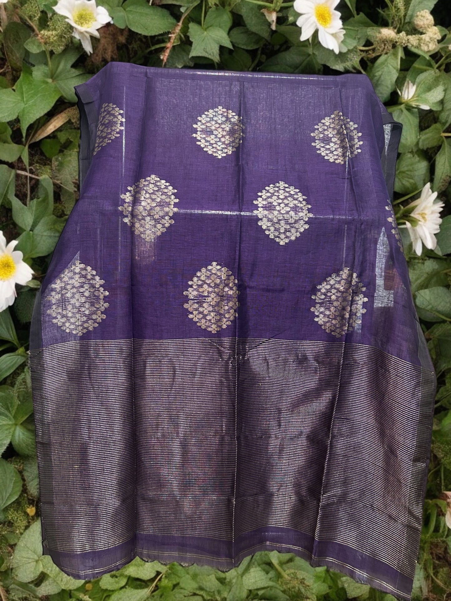 Pure Linen Jamdani Saree - Dark Violet