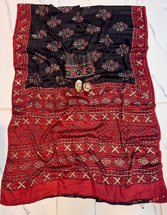 Modal Silk Ajrakh Saree - Black/Red