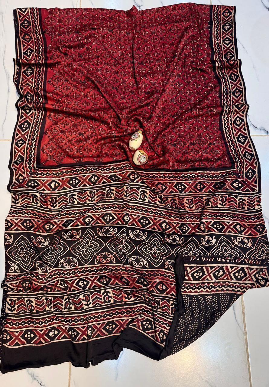 Modal Silk Ajrakh Saree - Maroon