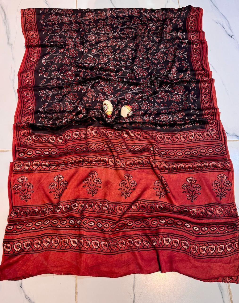 Modal Silk Ajrakh Saree - Red & Black