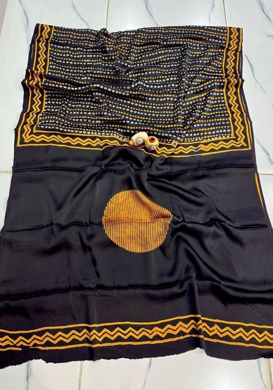 Modal Silk Ajrakh Saree - Black/Yellow