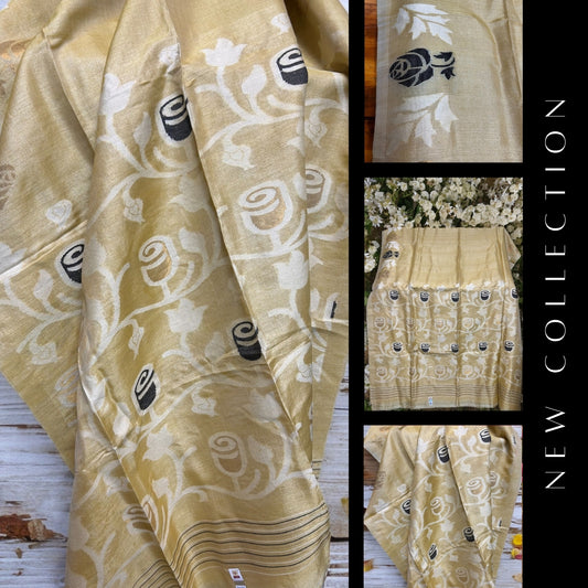 Pure Tussar silk Jamdani Rose - Beige