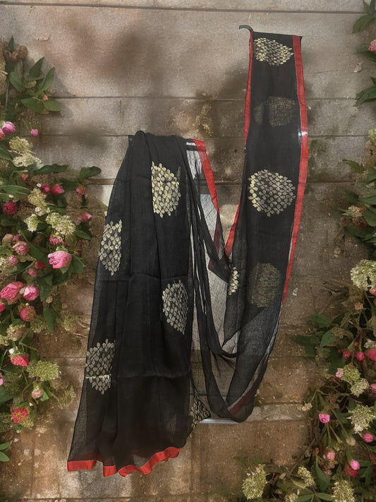 Pure Linen Jamdani Saree - Black