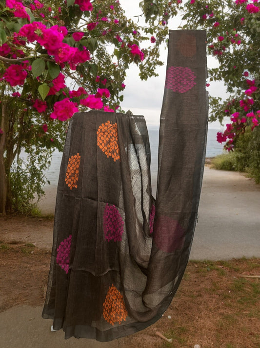 Pure Linen Jamdani Saree - Grey