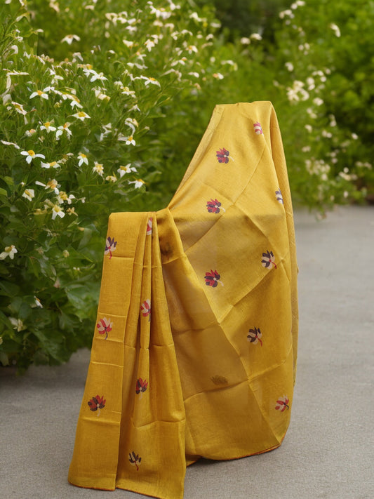 Tissue Linen Saree - Mustard