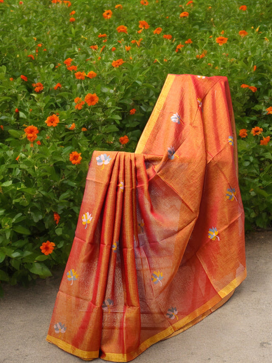 Tissue Linen Saree - Burnt Orange