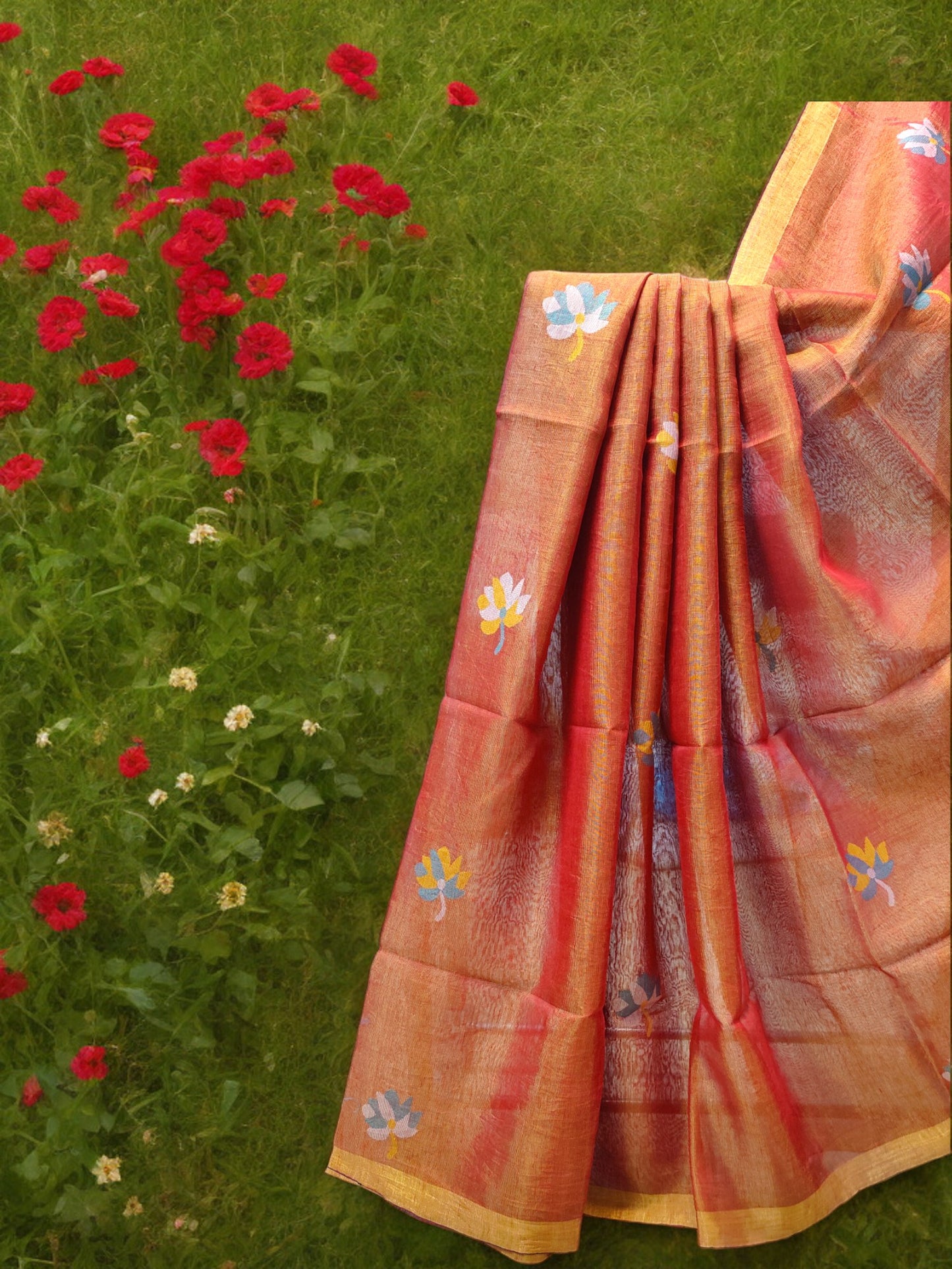 Tissue Linen Saree - Burnt Orange