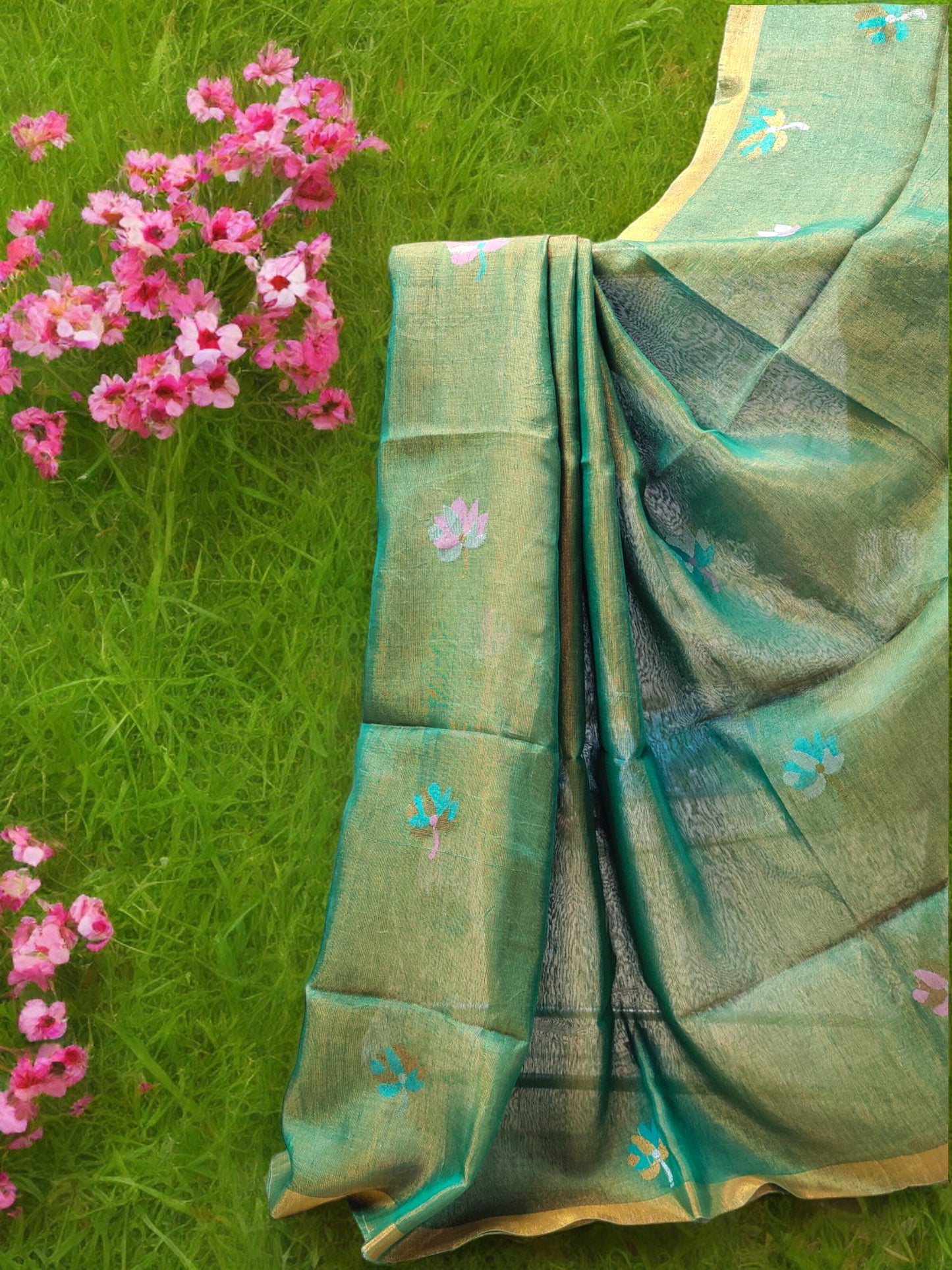 Tissue Linen Saree - Green