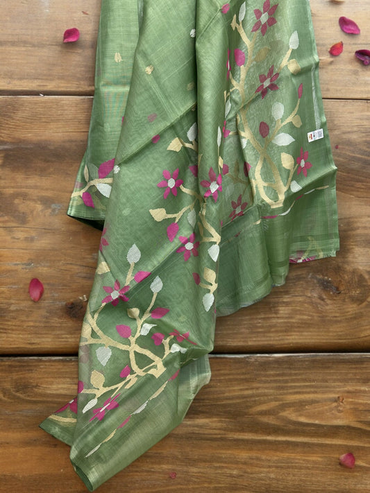 Pure Resham Jamdani Saree - Sage Green