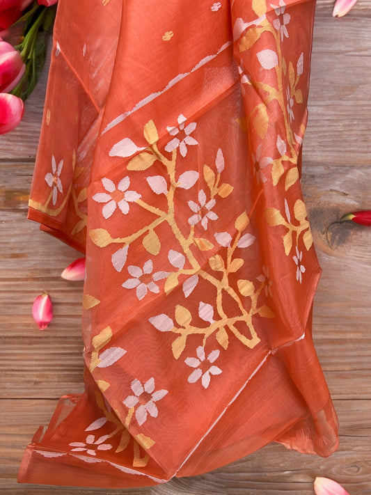 Pure Resham Jamdani Saree - Burnt Orange