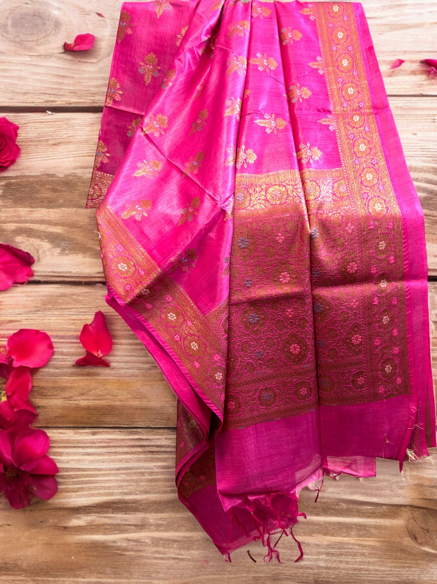 Muga Tussar Silk Saree - Rani Pink