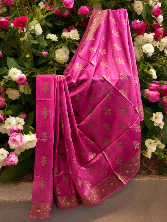 Muga Tussar Silk Saree - Rani Pink