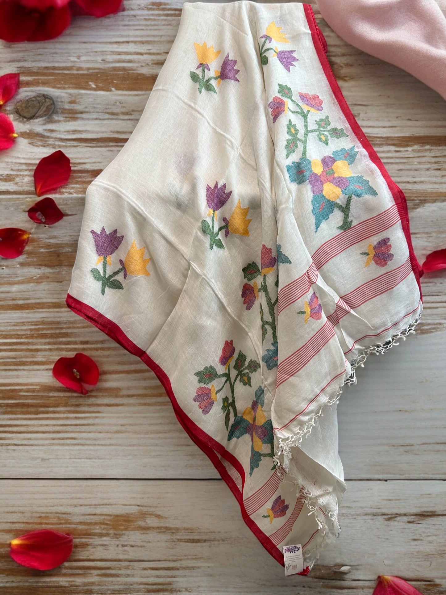 Premium Linen Jamdani Saree - White