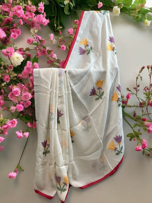 Premium Linen Jamdani Saree - White
