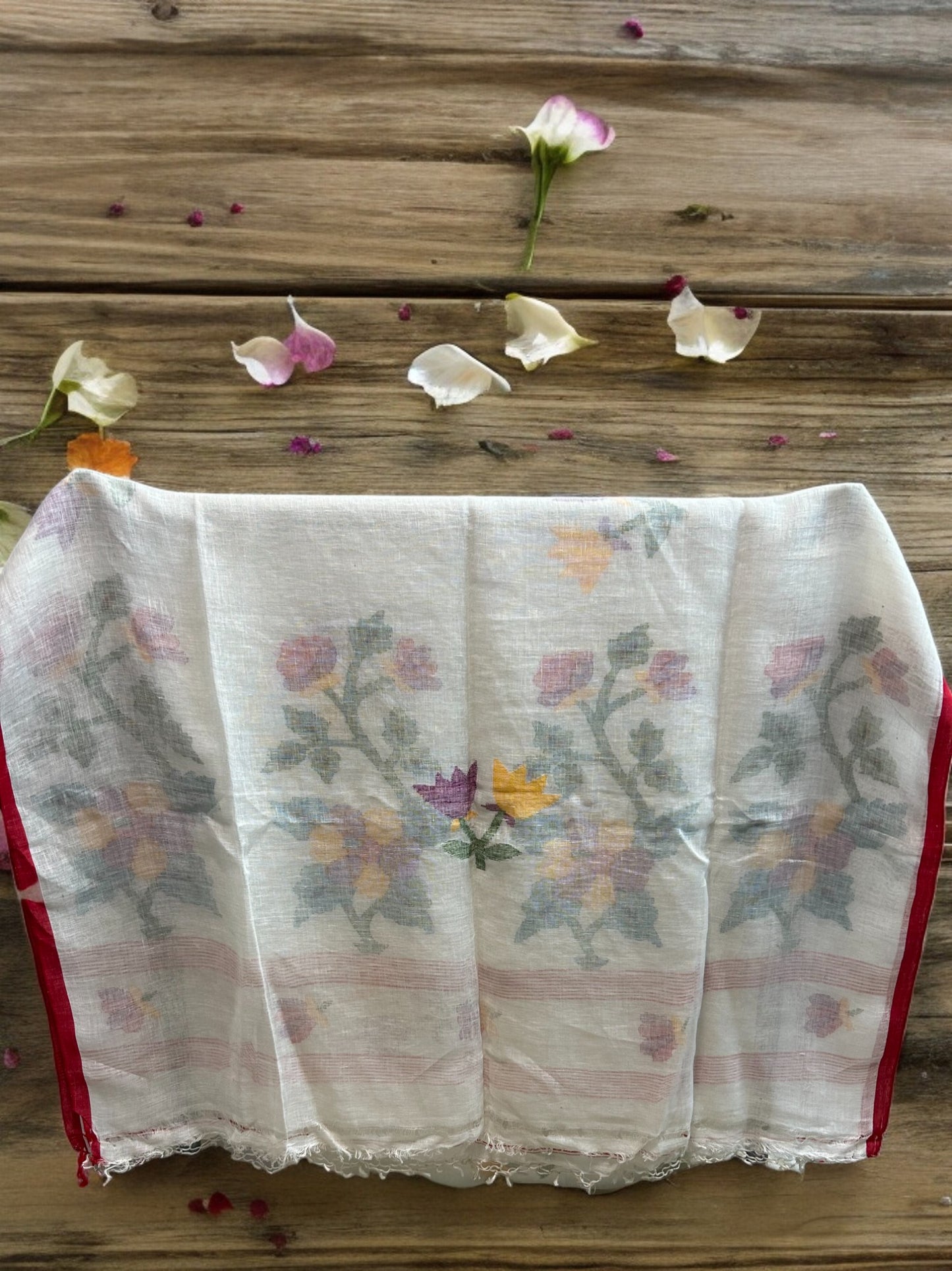 Premium Linen Jamdani Saree - White