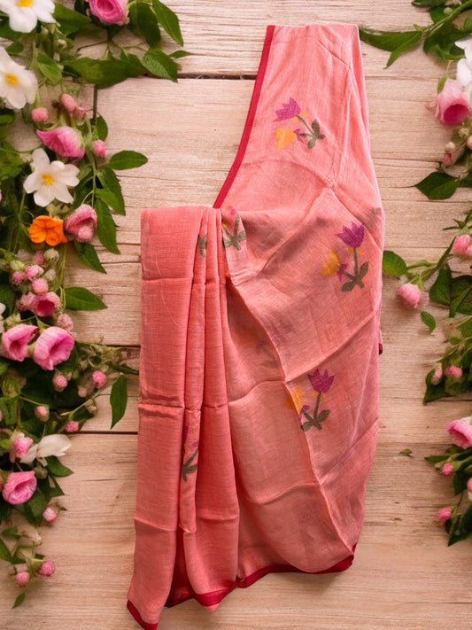 Premium Linen Jamdani Saree - Pink