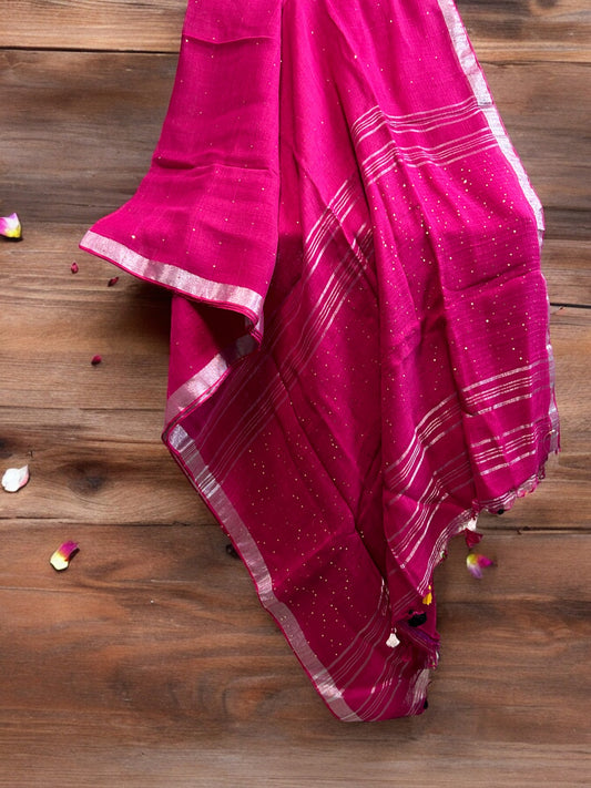 Sequin Linen Saree - Rani Pink
