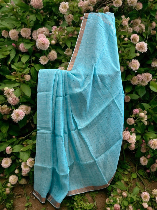 Sequin Linen Saree - Sky Blue