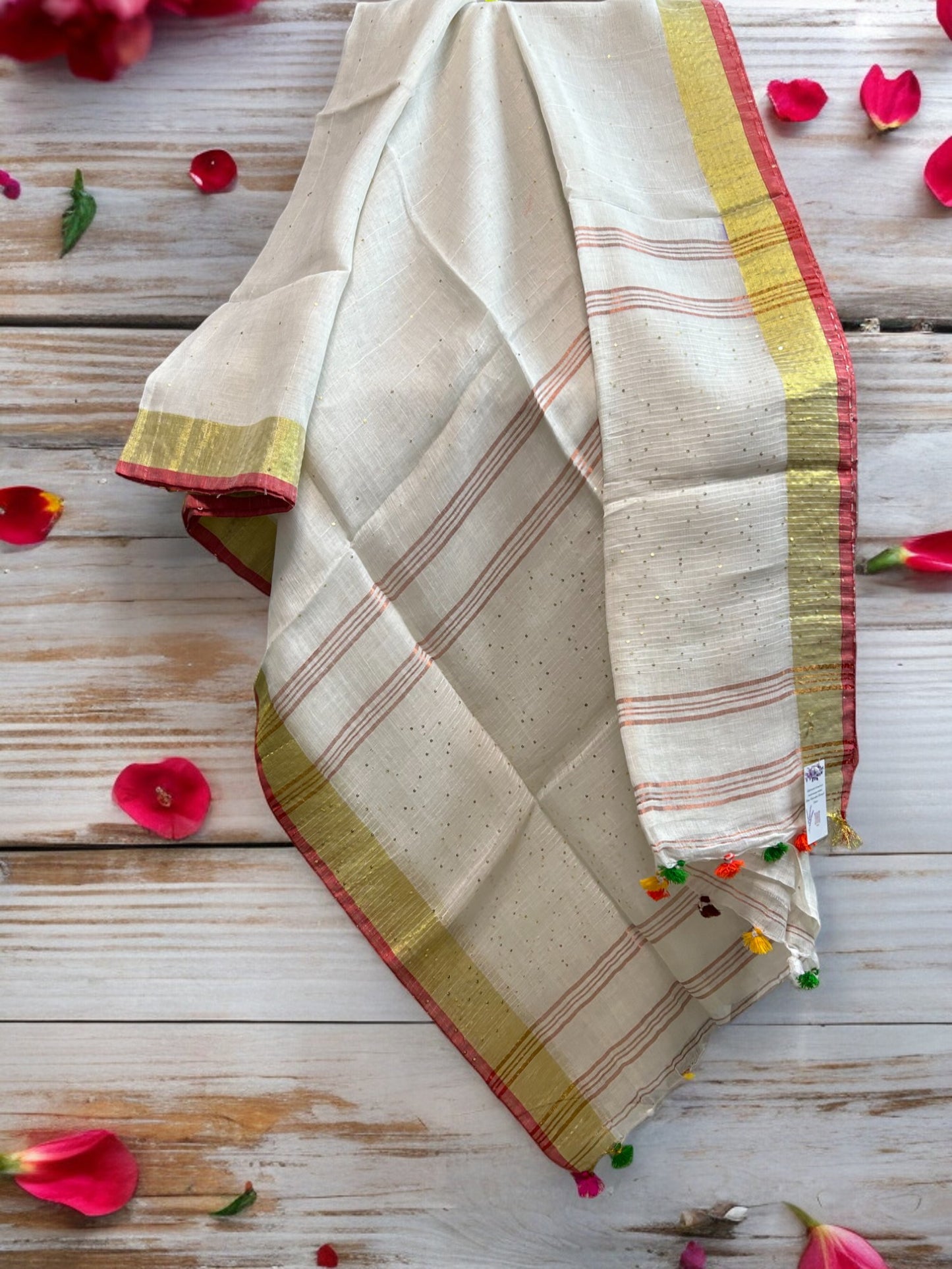 Sequin Linen Saree - White