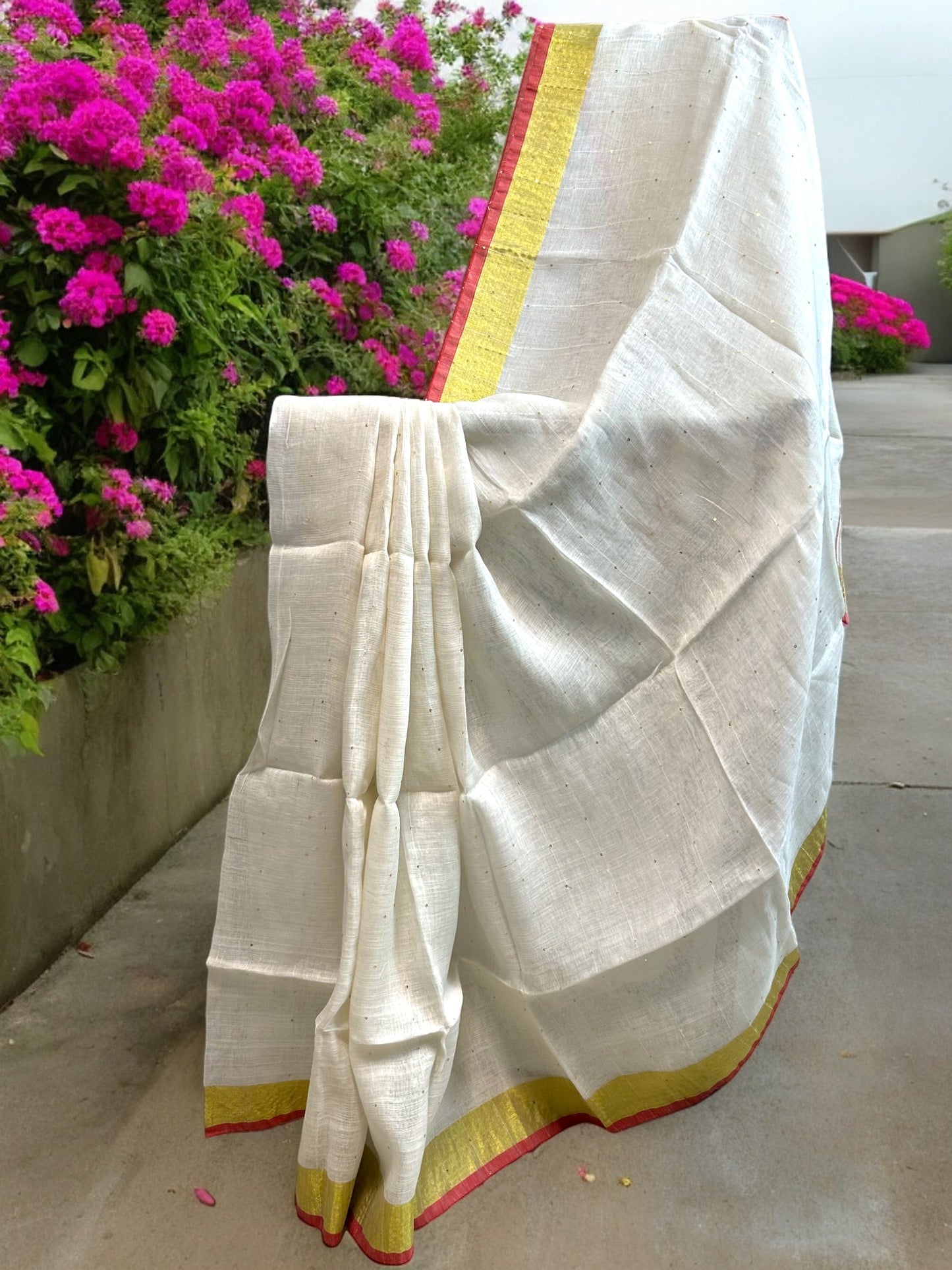 Sequin Linen Saree - White