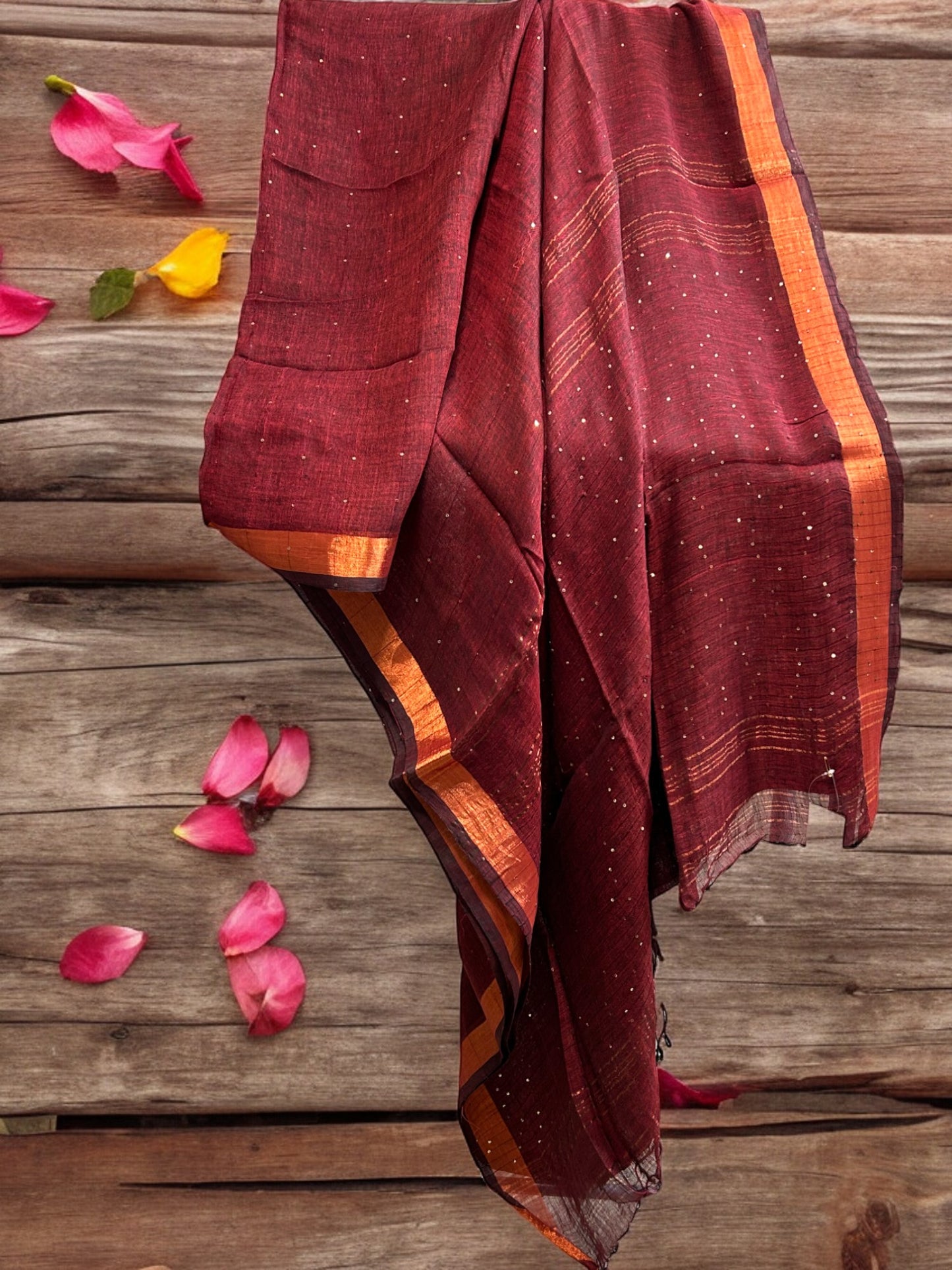 Sequin Linen Saree - Maroon
