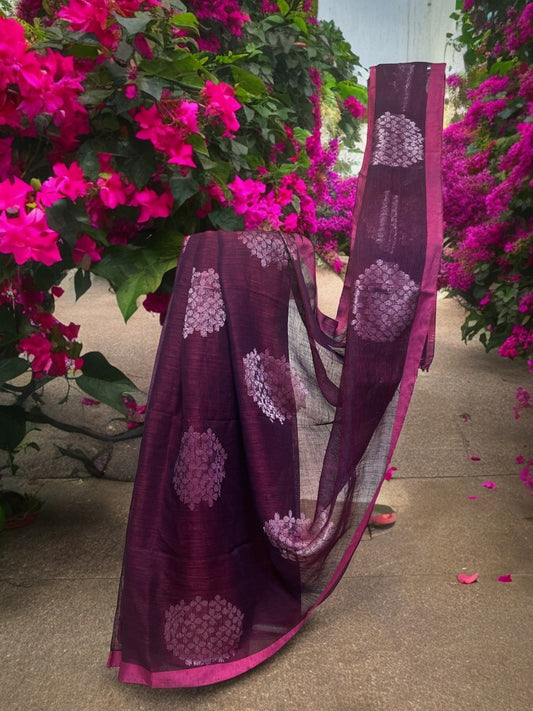 Pure Linen Jamdani Saree - Purple