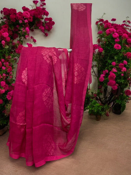 Pure Linen Jamdani Saree - Pink