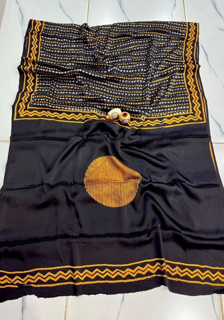 Modal Silk Ajrakh Saree - Black/Yellow